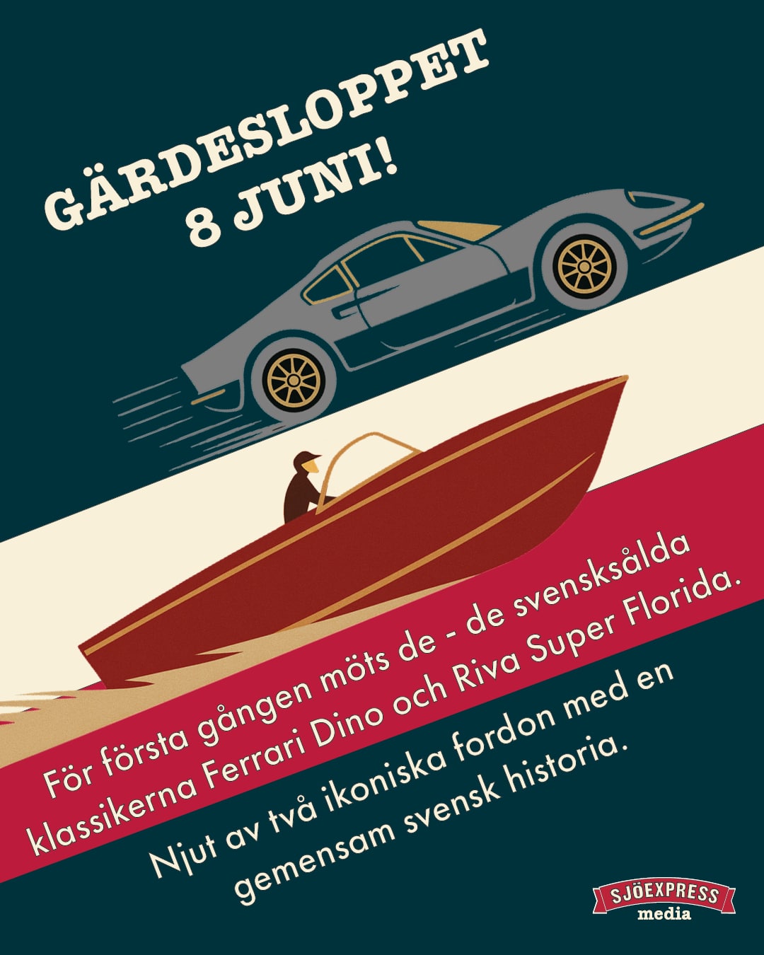 Inbjudan gärdesloppet 2025 Sjöexpress media bjuder in till Gärdesloppet 8 juni! För första gången möts de - de svensksålda klassikerna Ferrari Dino och Riva Super Florida. Njut av två ikoniska fordon med en gemensam svensk historia.